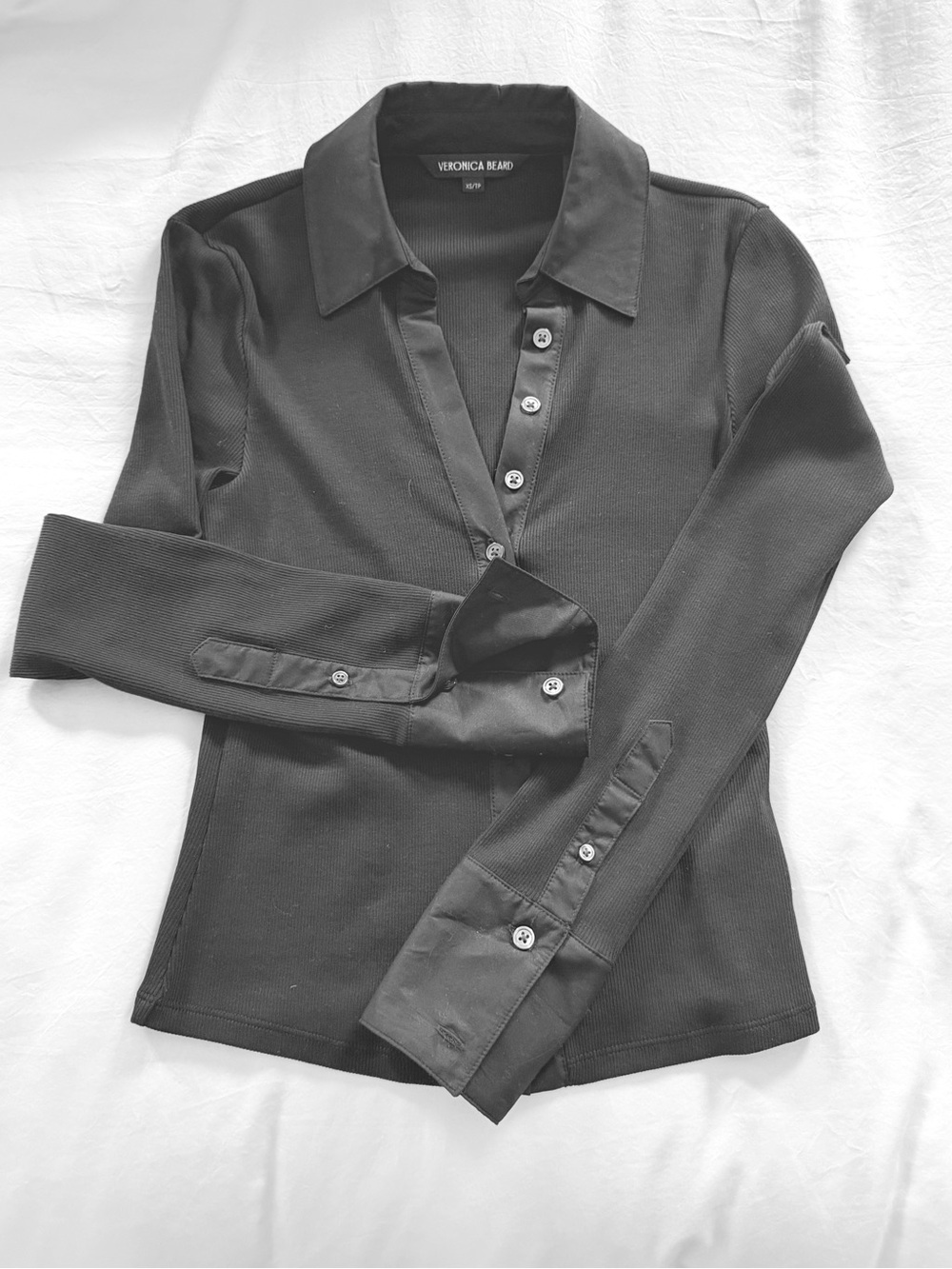 EUC Veronica Beard Black Button-Front Collared Long Sleeve Top